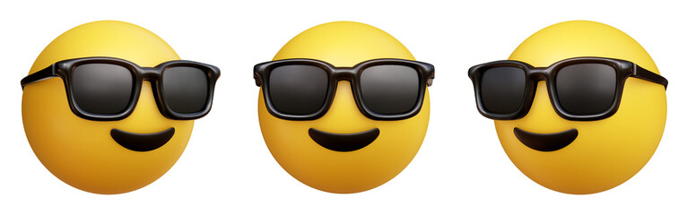 Poster - Smiling face with sunglasses three-dimensional emoji. Cool emoticon isolated on transparent background. 3D rendering