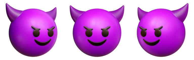 Poster - Smiling face with horns three-dimensional emoji. Devilish emoticon isolated on transparent background. 3D rendering