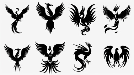 Wall Mural - phoenix bird set silhouette ,on white background, vector 3D avatars set vector icon, white background, black colour icon