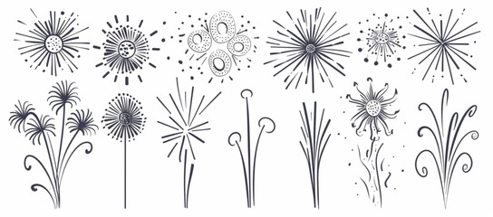 
Set of simple hand drawn light rays, fireworks and firework shapes isolated on white background. Vector illustration for design element.