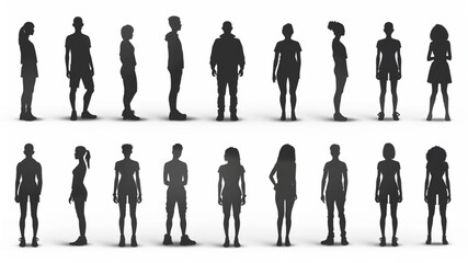 Wall Mural - 
silhouette people standing, collection on white background vector 3D avatars set vector icon, white background, black colour icon