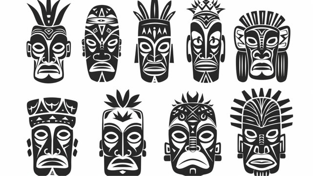 tiki masks. hawaiian totem god, tribal polynesian idol. aztec or african outline black ethnic scary 