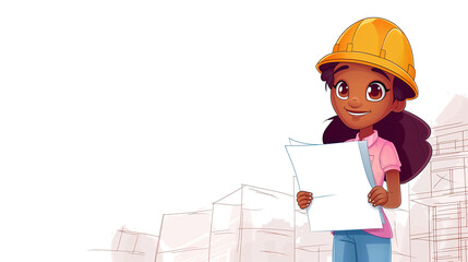 Wall Mural - young black girl wearing an engineer's helmet stands on the construction site, holding blueprints in her hand and smiling 