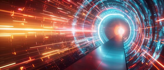 Wall Mural - abstract futuristic background portal tunnel with turquoise red gold glowing neon moving high speed wave lines and flare lights data transfer concept
