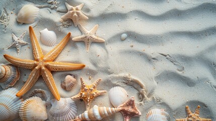 Wall Mural - Sandy beach with seashells and starfish scattered around, creating a natural and textured background --ar 16:9 Job ID: a88d05a3-9a67-432a-80e0-24506afc5d8f