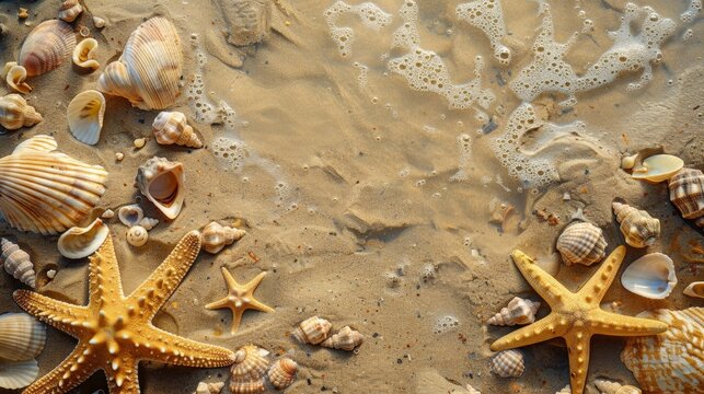 Sandy beach with seashells and starfish scattered around, creating a natural and textured background --ar 16:9 Job ID: a88d05a3-9a67-432a-80e0-24506afc5d8f
