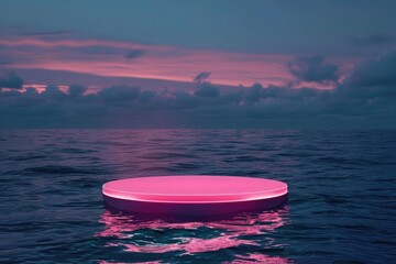 Sticker - 3d render of pink glowing podium in the ocean at night