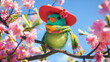Pássaro colorido vestindo um cachecol de crochê em tons de verde e amarelo, combinado com um chapéu de aba larga em vermelho vivo