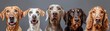 A group of dogs featuring a Weimaraner, a Scottish terrier, an Afghan hound, and a bernese mountain dog, all looking up eagerly
