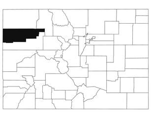 Map of Rio blanco County in Colorado state on white background. single County map highlighted by black colour on Colorado map. UNITED STATES, US