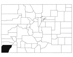 Wall Mural - Map of Montezuma County in Colorado state on white background. single County map highlighted by black colour on Colorado map. UNITED STATES, US