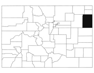  Map of Yuma County in Colorado state on white background. single County map highlighted by black colour on Colorado map. UNITED STATES, US