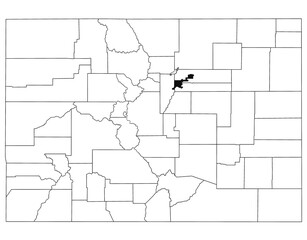  Map of Denver County in Colorado state on white background. single County map highlighted by black colour on Colorado map. UNITED STATES, US