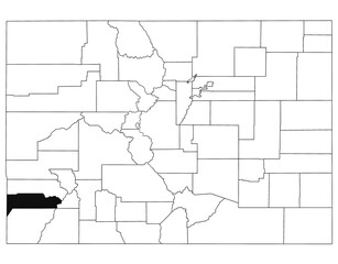  Map of Dolores County in Colorado state on white background. single County map highlighted by black colour on Colorado map. UNITED STATES, US