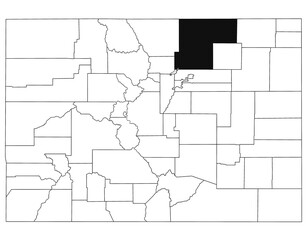  Map of weld County in Colorado state on white background. single County map highlighted by black colour on Colorado map. UNITED STATES, US