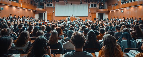 a university lecture hall packed with students taking notes as the professor gives a multimedia pres