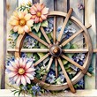 Watercolor rustic wooden wheel with flowers