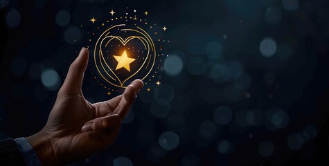 The hand of a businessman touching a virtual award badge with a heart and star icon representing 