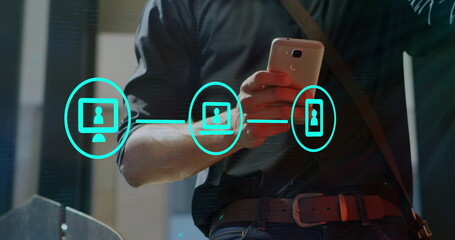 Poster - A young biracial man holding smartphone, icons floating in front