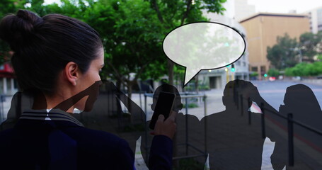 Poster - Caucasian colleague holding smartphone, looking at screen