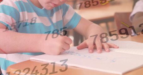 Poster - Caucasian boy drawing in school, African American girl watching