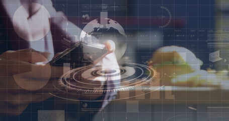 Poster - Data processing and globe over a round scanner against mid section of a person using smartphone