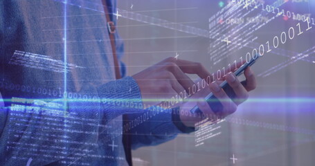 Poster - Data processing and blue light trails against mid section of a man using smartphone