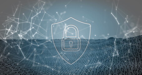 Poster - Image of security padlock and network of connections against binary coding over digital wave