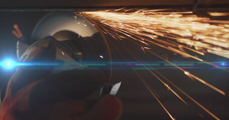 Poster - Image of light trails over biracial female mechanic reapiring car