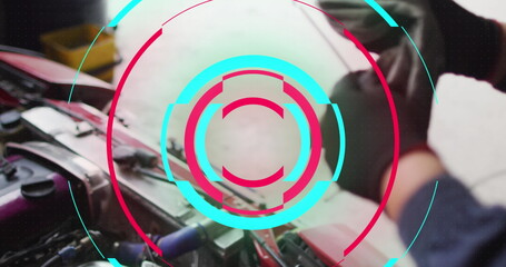Poster - Image of shapes over caucasian male mechanic reapiring car