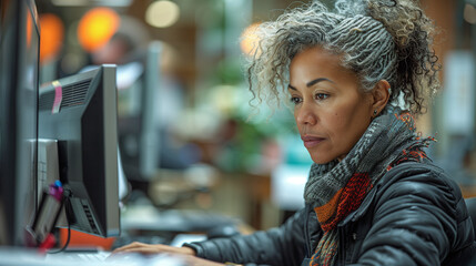 Poster - social worker working, serious face, busy, looking at computer screen black woman