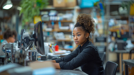 Poster - social worker working, serious face, busy, looking at computer screen black woman