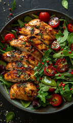 Chicken fillet with salad. Buddha Bowl on a dark background. Healthy food