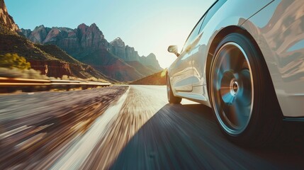 Close-up of a white car speeding down the highway, surrounded by stunning rocky mountains in bright daylight