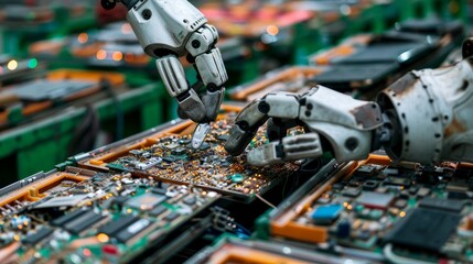 Close-up of a robot worker at an e-waste recycling plant, sorting and dismantling used electronics with precision, concept of recycling