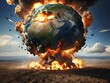 explosion of a bomb and earth globe with a huge explosion in the middle