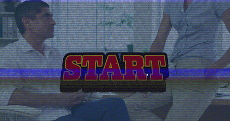Poster - Image of start text over diverse business people in office