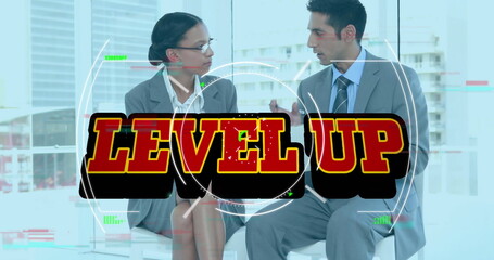 Poster - Image of level up text over diverse business people in office