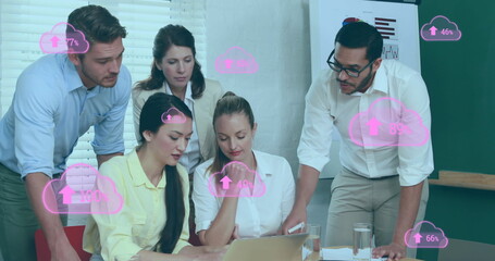 Poster - Image of cloud icons over diverse business people in office