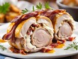 delicious wrapped ham with vegetables on plate, closeup