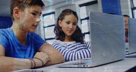 Poster - Image of graphs, bar, circles over diverse students watching project over laptop in classroom