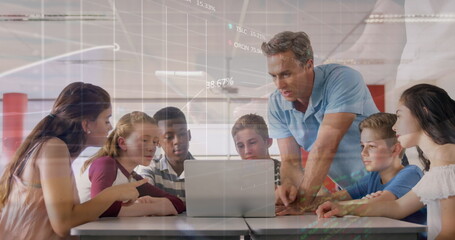Poster - Image of stock market data processing over caucasian male teacher teaching students at school