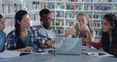 Poster - Image of graphs and globe over diverse students discussing project over laptop in library