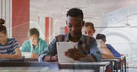 Poster - Image of graphs and trading board over multiracial students using digital tablet in classroom