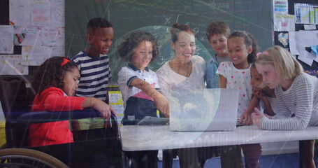 Poster - Image of data processing over globe against biracial female teacher teaching students at school