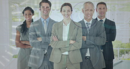 Poster - Image of data processing over happy diverse business people