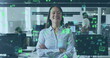 Image of icons and data processing over asian businesswoman in office