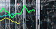 Green, yellow and blue graphs processing data and networks over computer server room