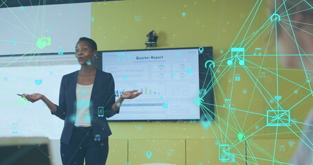 Poster - Image of connected icons over african american businesswoman presenting quarters reports
