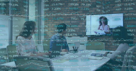 Poster - Image of financial data processing over diverse business people in office